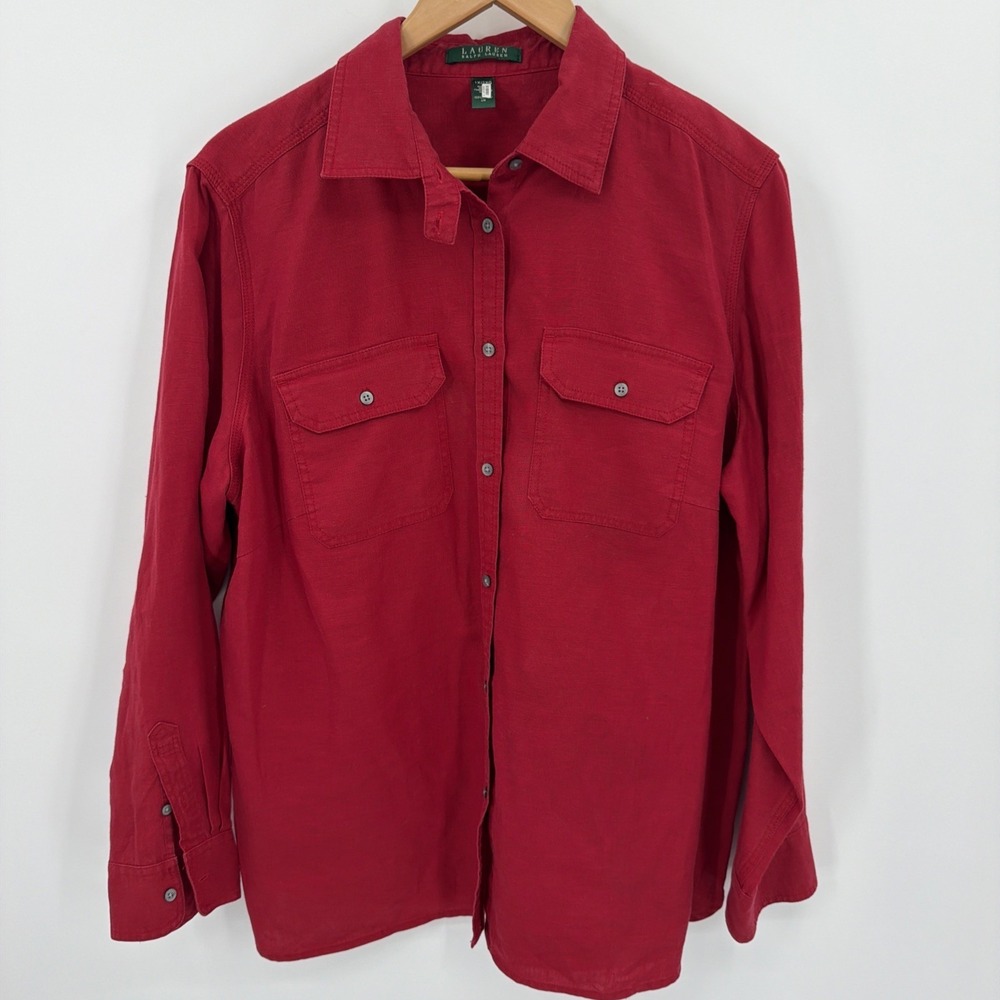 Ralph Lauren Shirt Wmns Sz 1X Red 100% Linen Button Up Long Sleeve Classic Chic